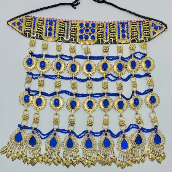 Blue Stones Necklace, Unique Oversized Necklace, Handmade Tribal Kuchi Boho - Picture 5 of 13